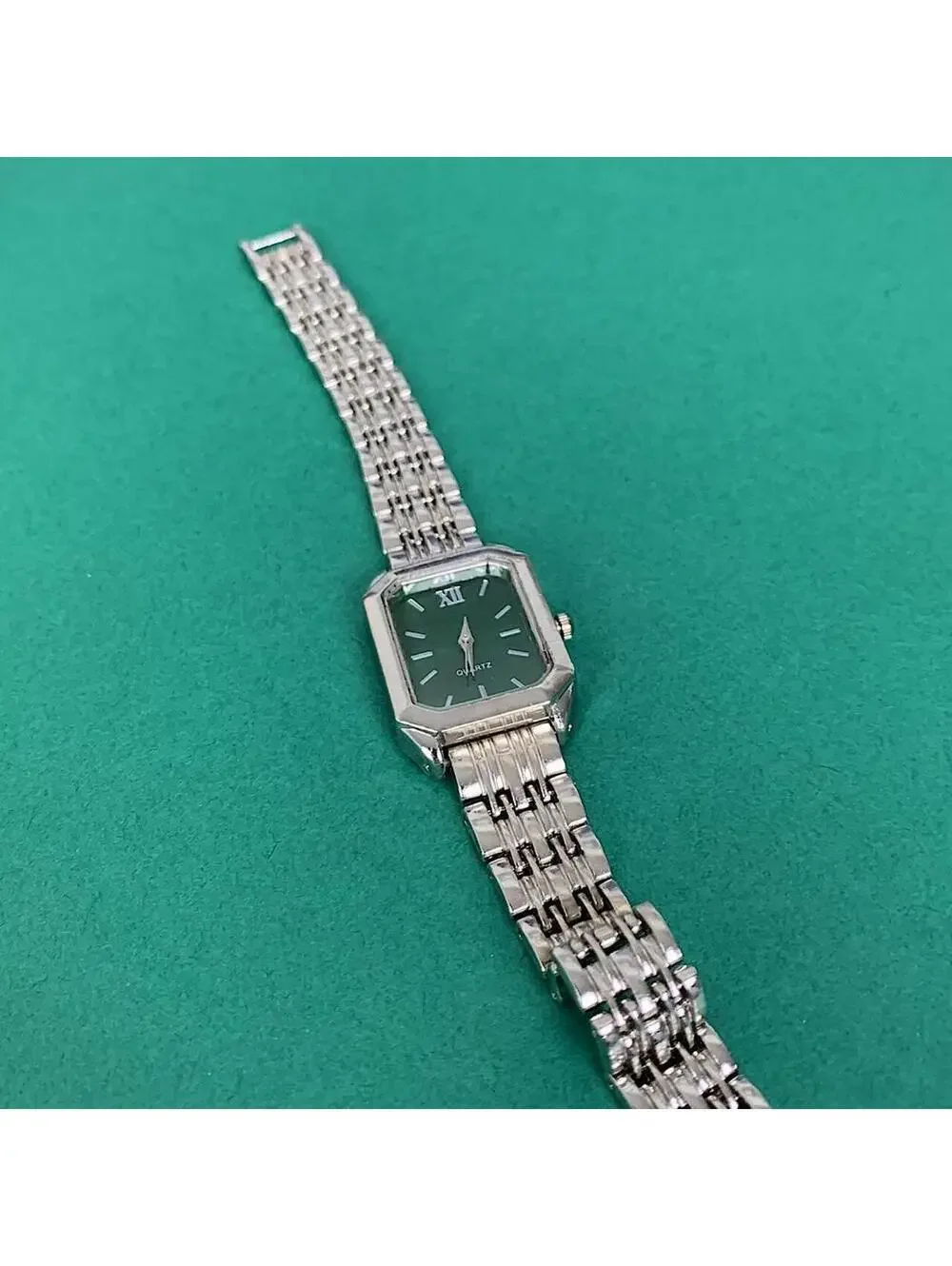 Y2K 2000s Vintage Minimalist Classy Stainless Steel Rectangular Green Face Watch